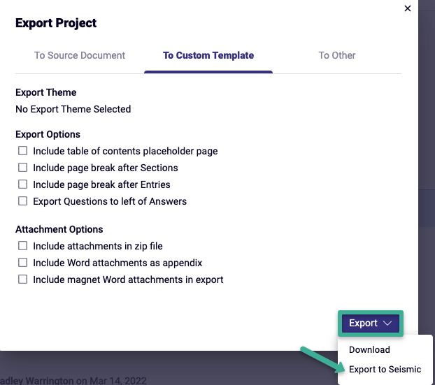 Screenshot of Export Project modal with Export to Seismic option indicated